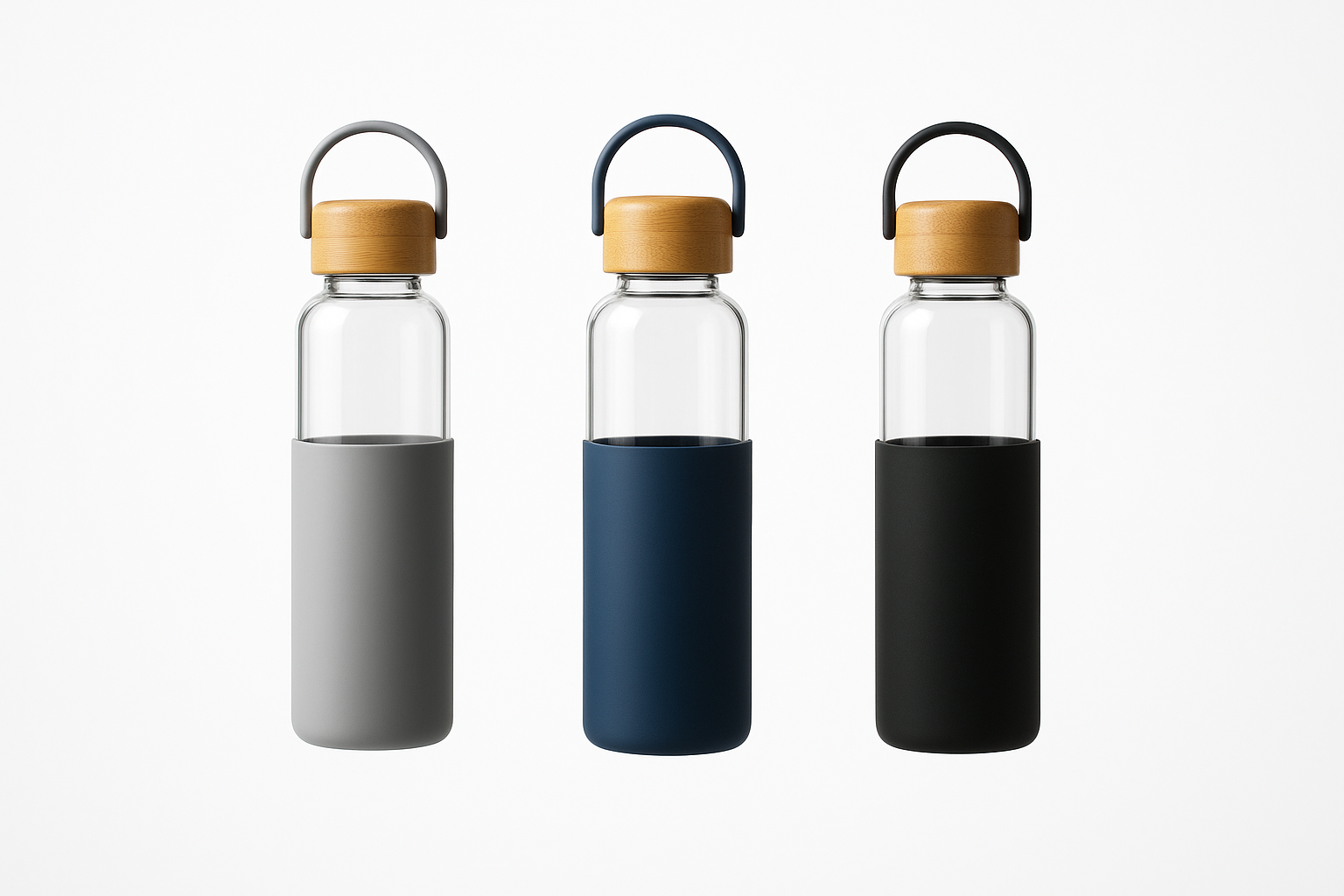 Glass bottle with wooden cap and silicone pouch