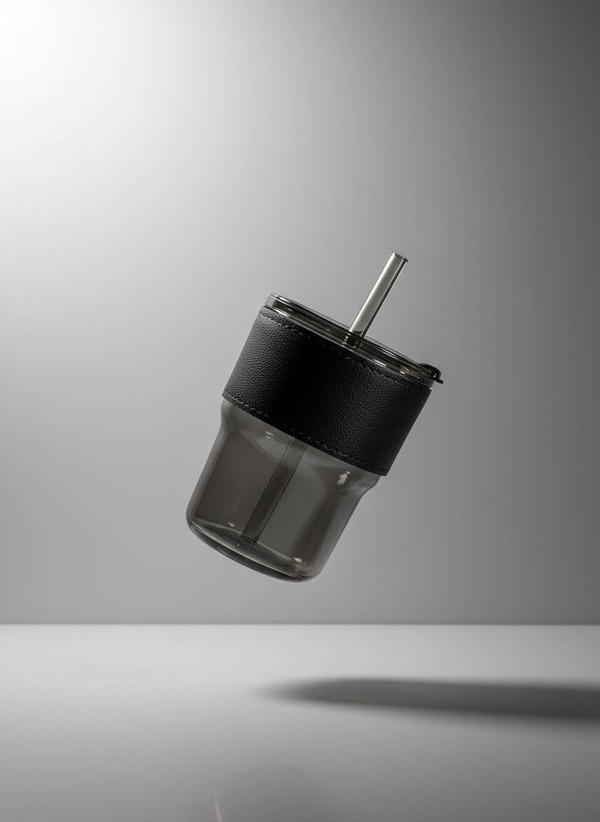Leather strap coffee cup with straw