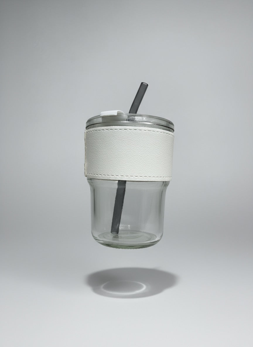 Leather strap coffee cup with straw