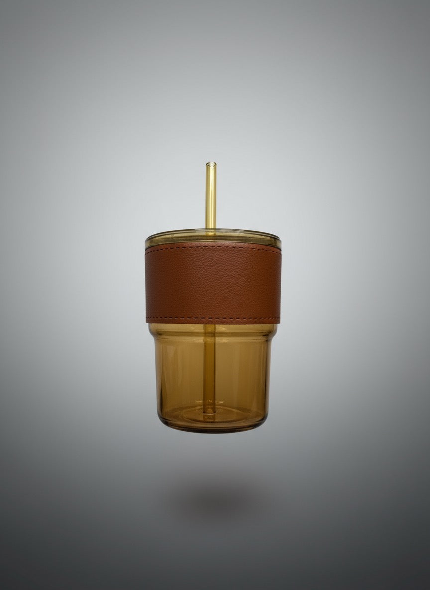 Leather strap coffee cup with straw