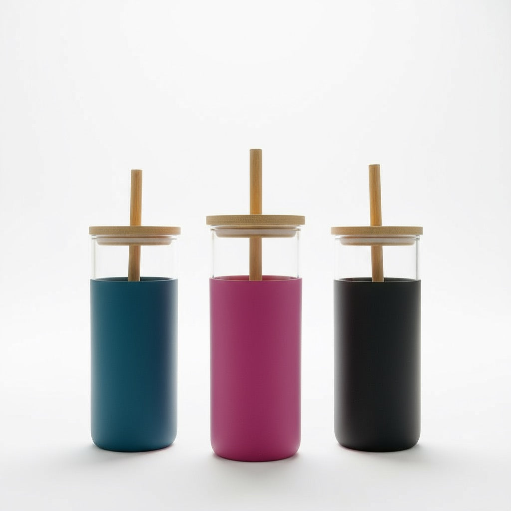 glass tumbler with silicon cover with wooden straw
